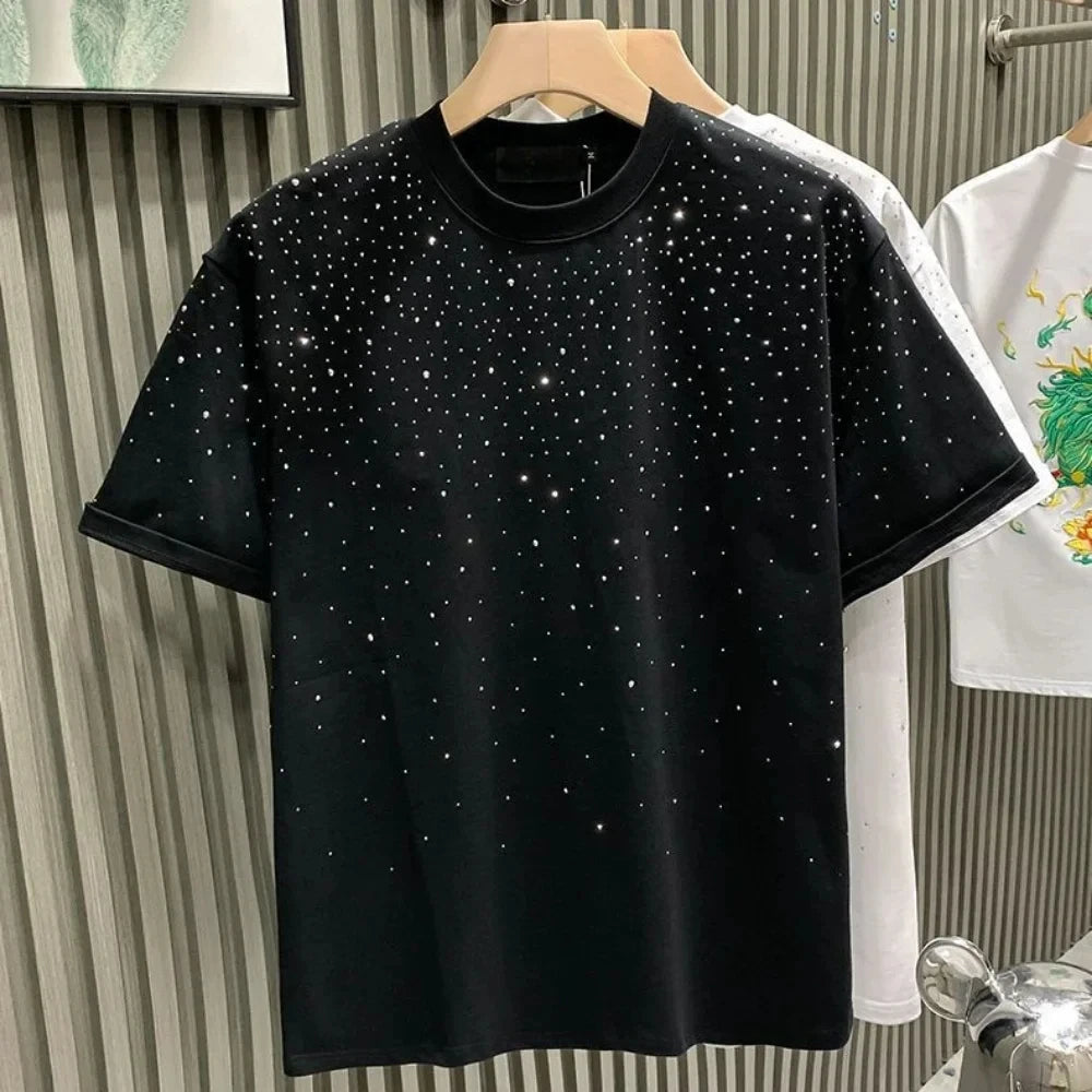 Summer Men Clothing Summer Rhinestone Rivet T-shirt Round Neck Casual