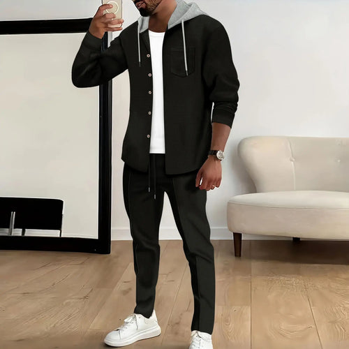 Spring and autumn new Waffle men's casual slim-fit hooded long-sleeved
