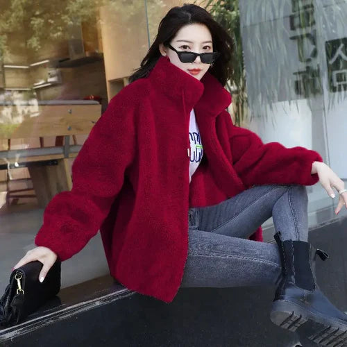 Women Winter Double Coral Fleece Warm Coat Stand Collar Plush Thick
