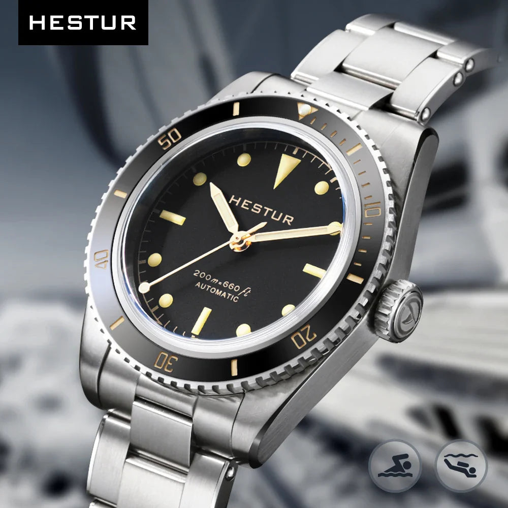 Hestur Automatic Mechanical Watch NH35 Vintage Sports Movement Watch For Men 20bar Waterproof Luminous Men's Diver Watch Luxury