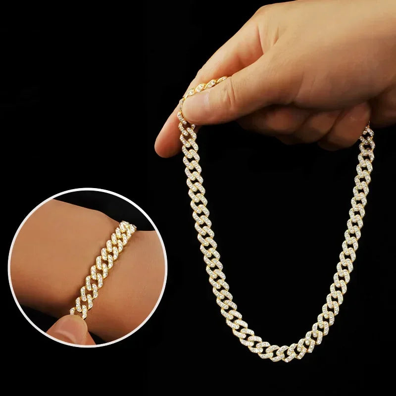 Hip Hop Shiny 15MM Cuban Link Chain Necklace Women Men Silver Color Rhinestone Iced Out Cuban Chain Punk Jewelry Necklace Gift
