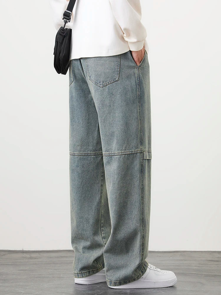 2024 New Retro Blue Men's Jeans Large Size String Banding Wide Leg
