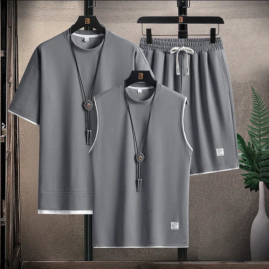 Waffle Pattern 3 Piece Men Short Sleeve Shorts Set Harajuku Japan