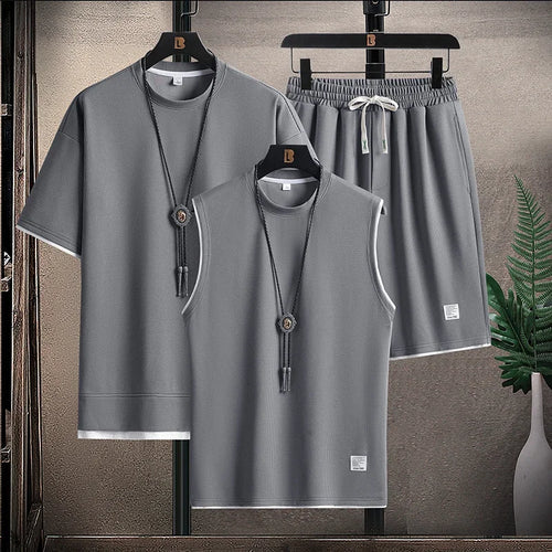 Waffle Pattern 3 Piece Men Short Sleeve Shorts Set Harajuku Japan