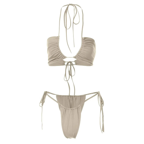 Fashion Women’s Sexy Two Piece Bikini Suits Solid Color Halter Tops
