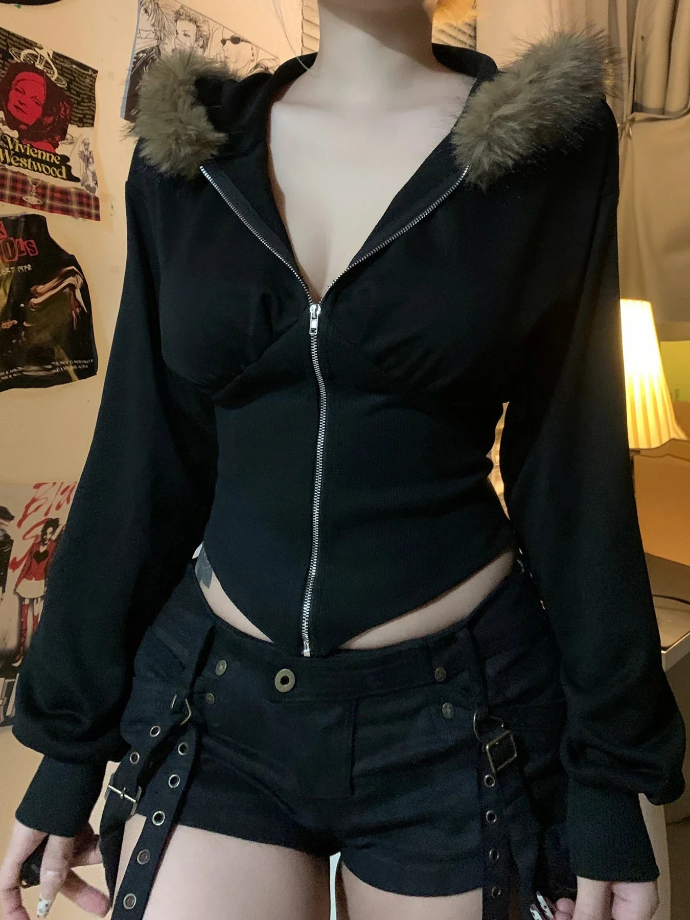 Cuteandpsycho Zip Up Fur Neck Hoodie Coats Fashion Slim Solid Y2K