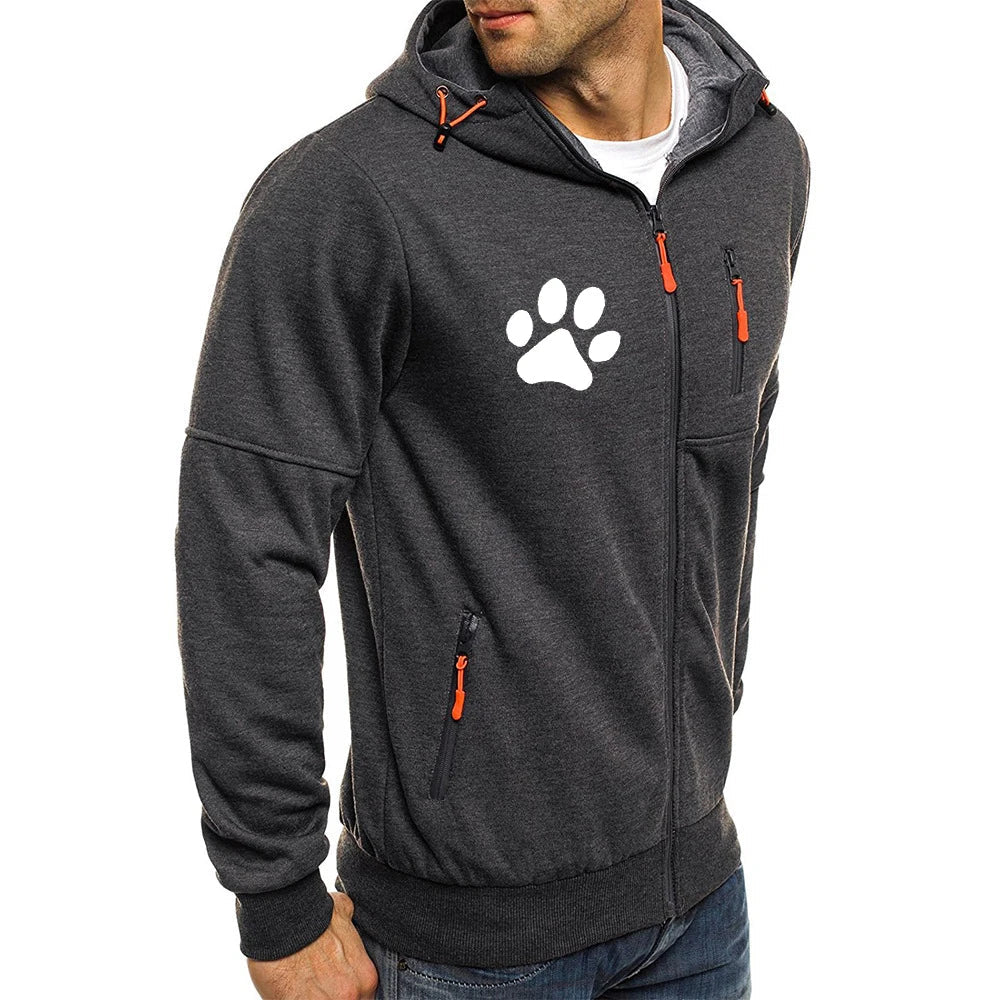 Kawaii Cartoon Dog Paw Print Zipper Hoodie For Men Fashion Oversized
