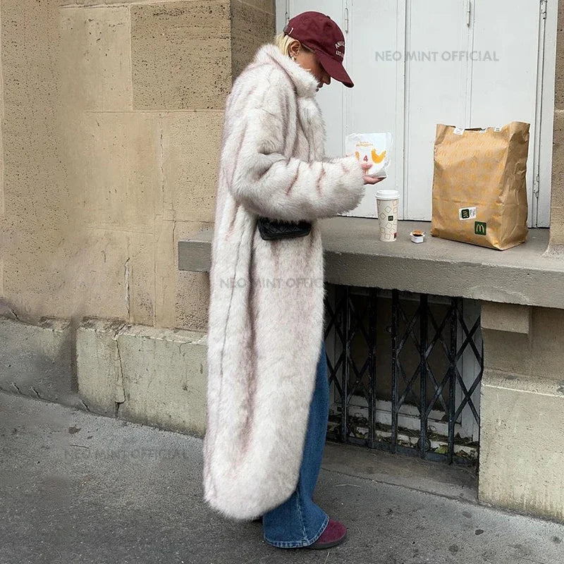 Neo Mint Vintage Luxury Long Faux Fox Fur Coat Women 2024 Winter Warm