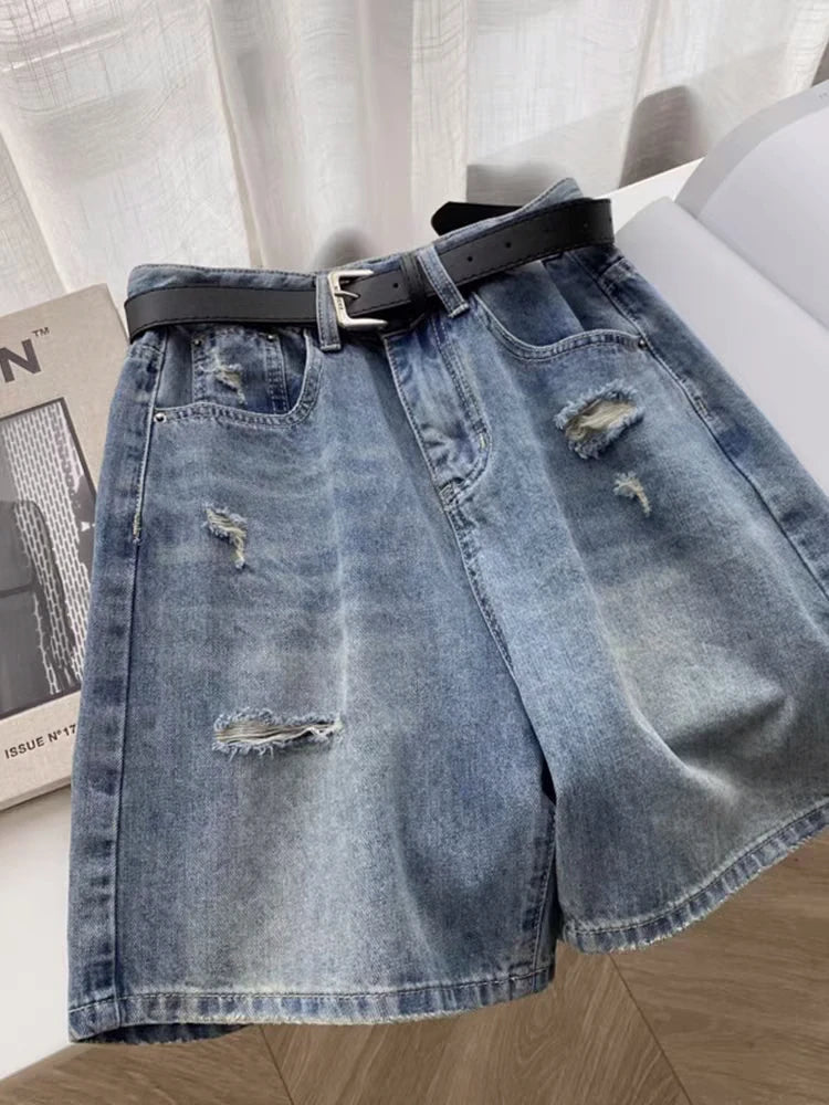 Fashion Holes Denim Shorts 2024 New Women's Summer A-line Wide Legs