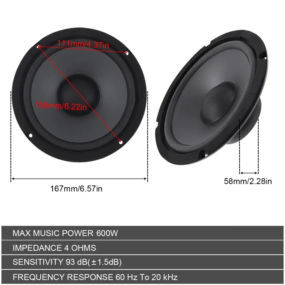 4/5/6 Inch Car Speakers 300-600W 2-Way Vehicle Door Auto Audio Music