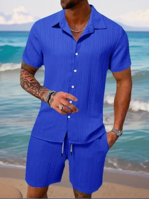 Men's beach suit striped solid color short sleeve shorts shirt Sports
