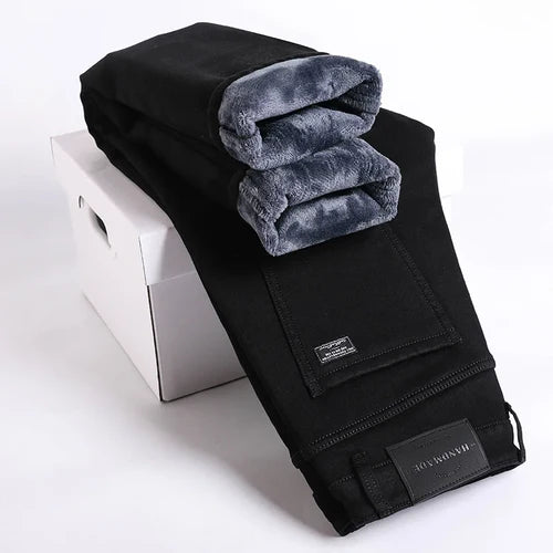 Winter Fleece Thick Warm Jeans Men's Slim Straight Elastic Denim Pants