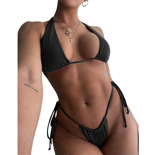 Fashion Women’s Sexy Two Piece Bikini Suits Solid Color Halter Tops