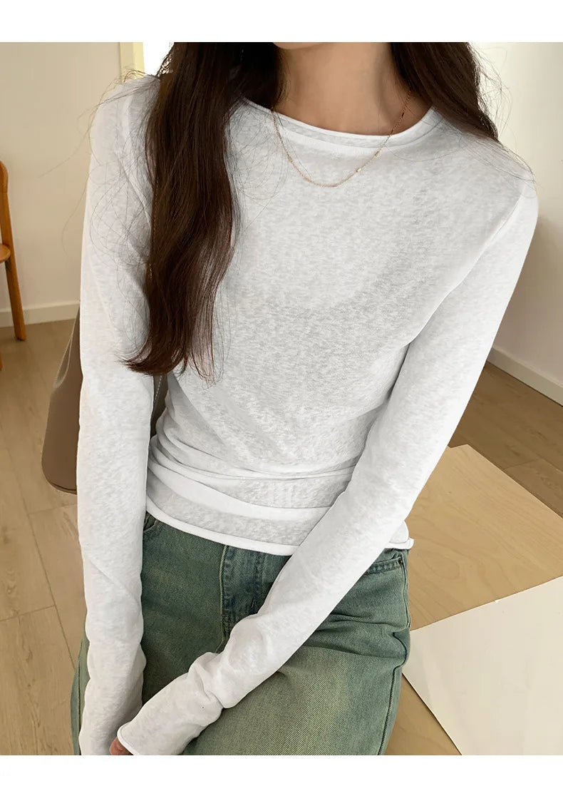 Spring Autumn T shirt Women Tops Solid Slim Fit Long Sleeve O Neck