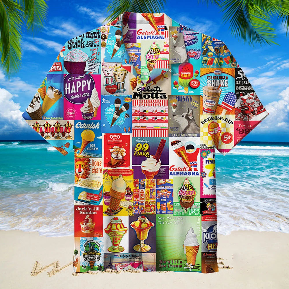 2024 Hawaiian Shirt For Men Summer Ice Cream T-Shirt Beach Prints