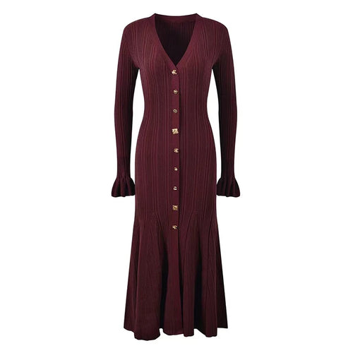 Elegant Single-breasted Knitted Dress Deep V-neckline Women’s Long