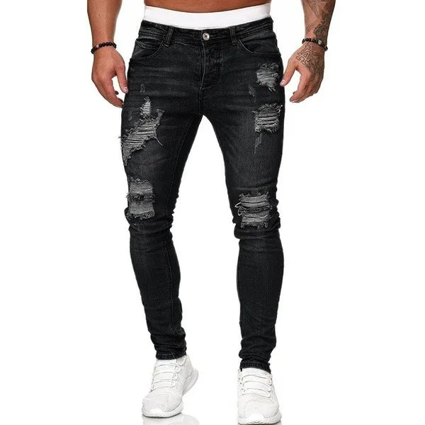 Ripped Mid Waist Slim Fit Men Jeans Vintage Denim Wash Solid Punk