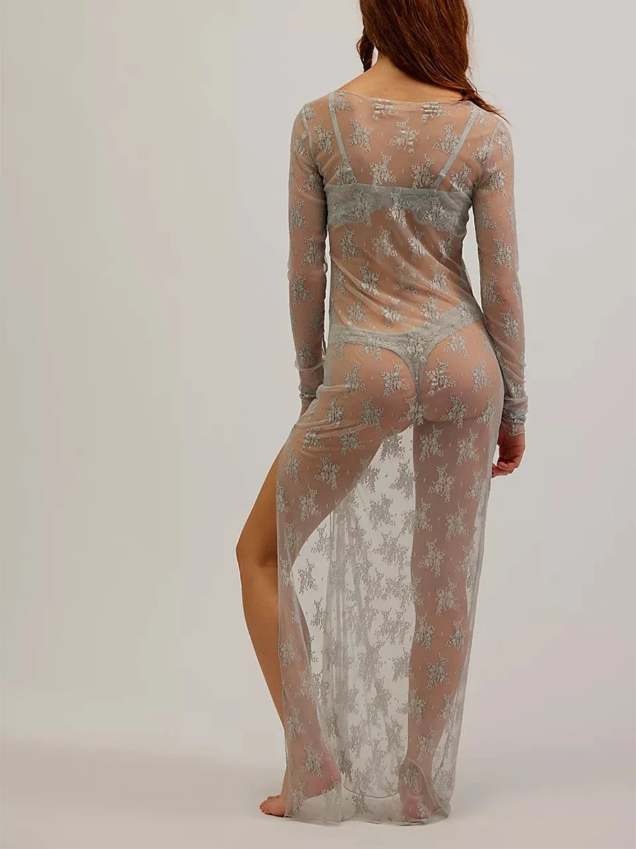 2025 New Womens See-Through Lace Dress, Long Sleeve Round Neck Slit