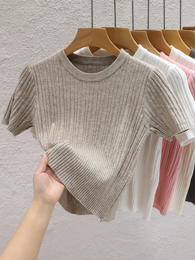 2024 Summer T shirts for Women Casual Female Korean Knit Streetwear