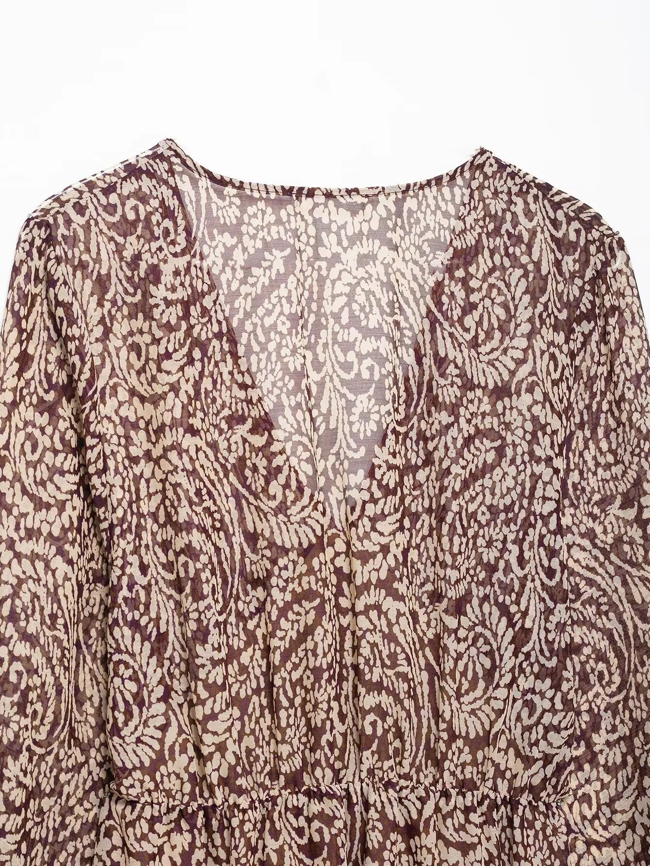 2025 Spring New Product Women's Stacked Decorative Printed V-neck Midi