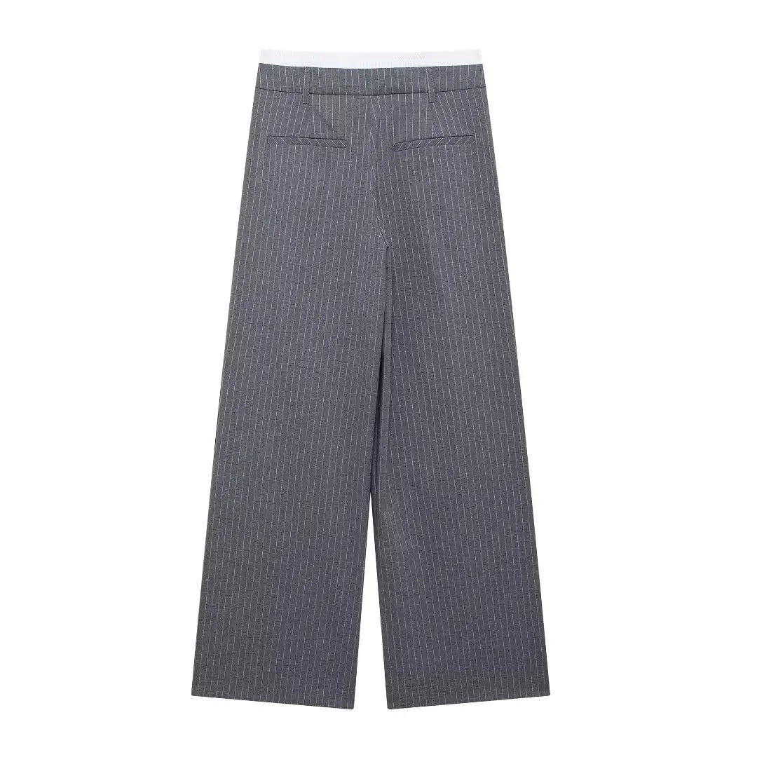 Tangada 2024 Autumn Winter Women Striped Wide Leg Pants Trousers High