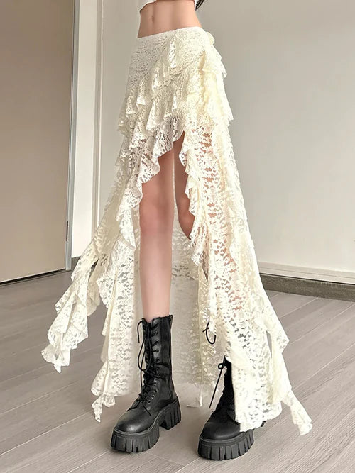 Nibber Tassels Women Skirts Irregular Hem Multi-Layered Ruffles Lace