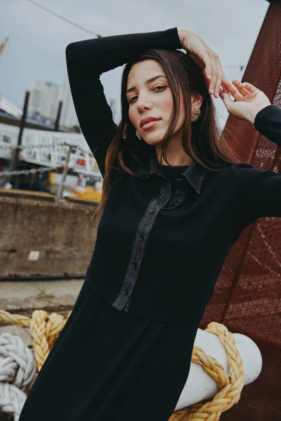 AS AW25 new design ribbing cardigan with denim collar + sleeveless maxi dress matching set for woman clothes