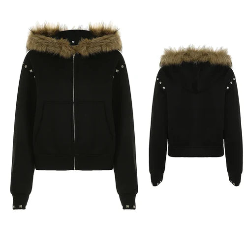Cuteandpsycho Zip Up Fur Neck Hoodie Coats Fashion Slim Solid Y2K