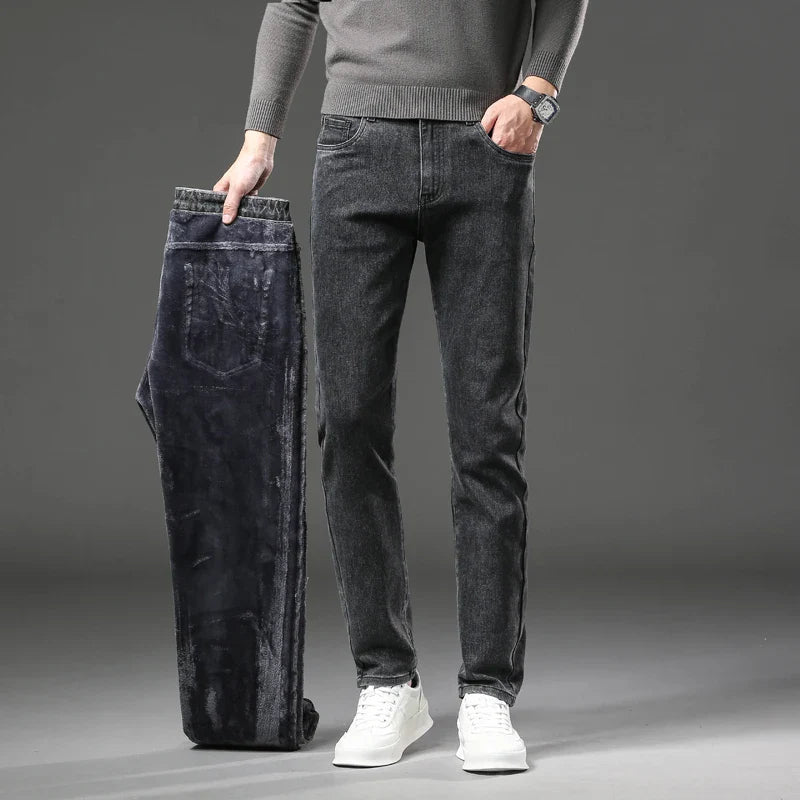 Winter Fleece Thick Warm Jeans Men's Slim Straight Elastic Denim Pants