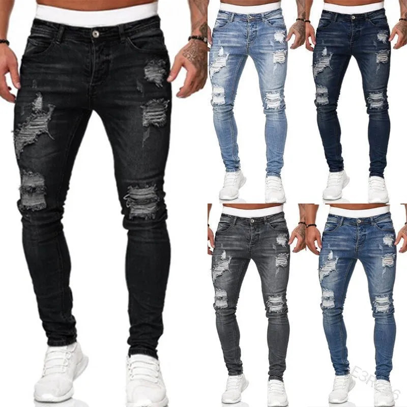 Ripped Mid Waist Slim Fit Men Jeans Vintage Denim Wash Solid Punk