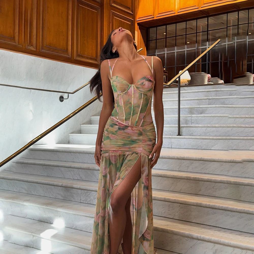 FZCSPEED Women’s Split Floral Printed Dress Sleeveless Slim Fit Ruched Long Strappy Dress Sexy Elegant Summer Dress