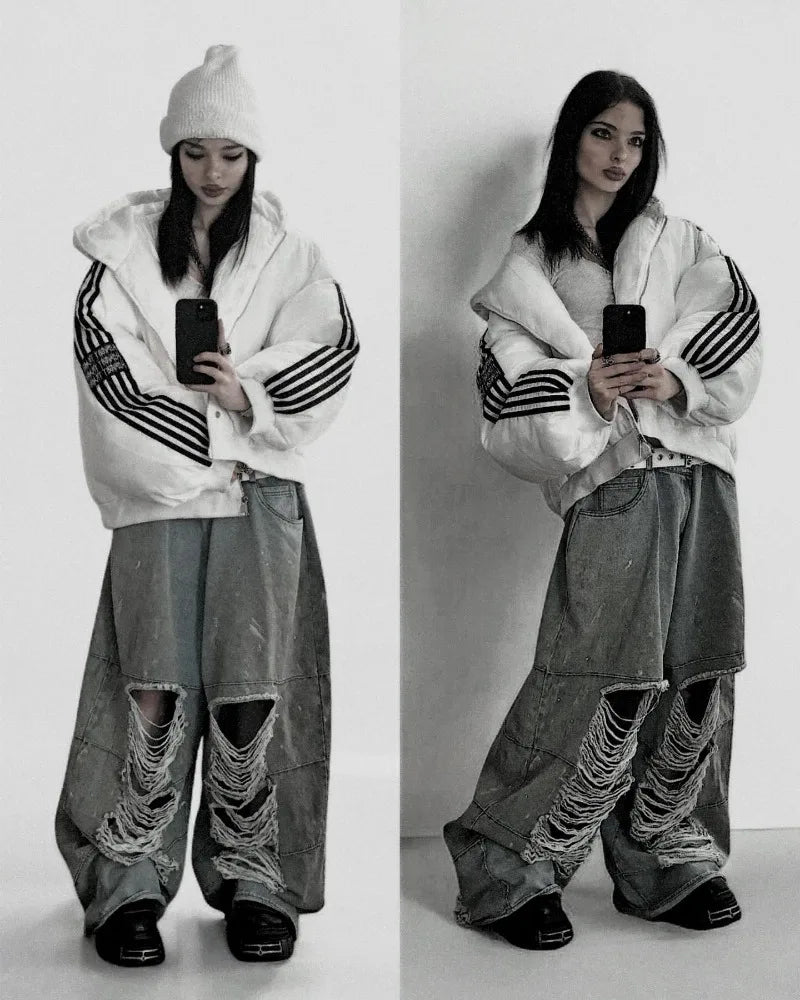 European and American vintage washed ripped jeans Men Y2k pants Street