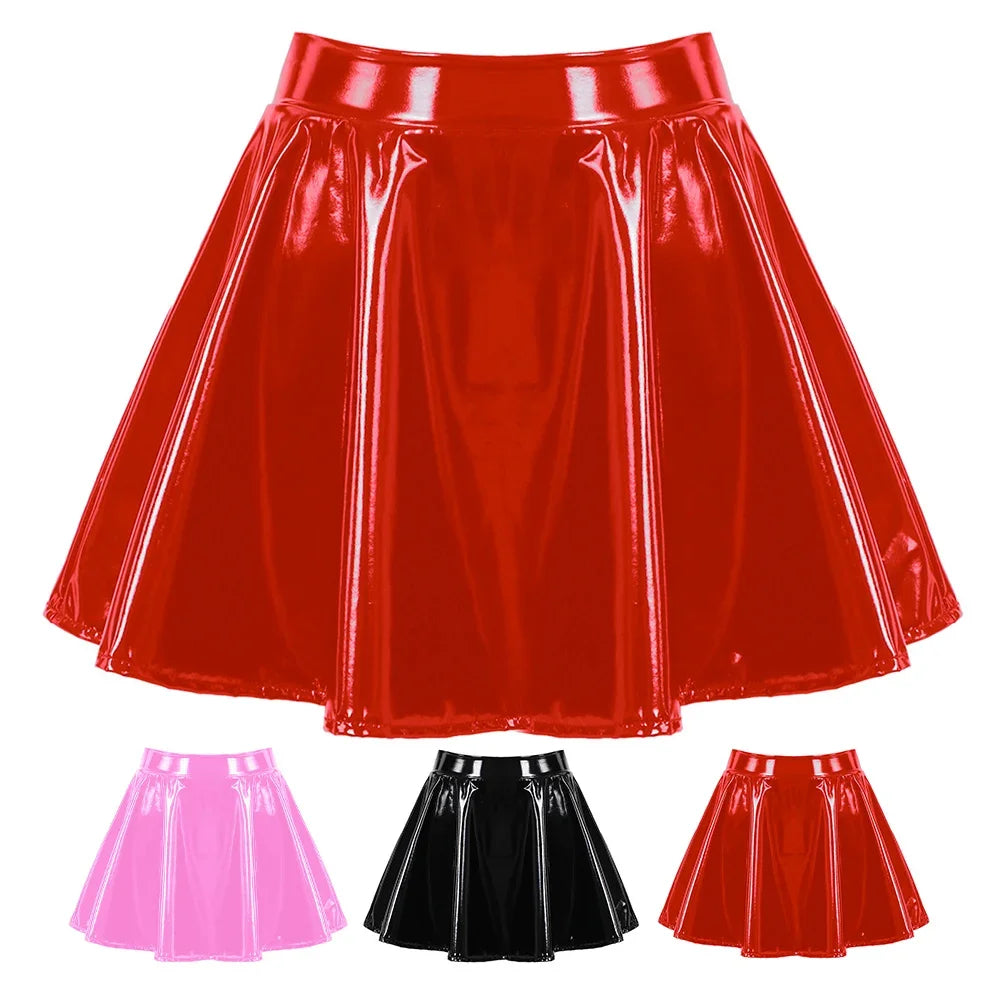 Women's A Line Skirt Glossy Patent Leather Flared Miniskirt Dance