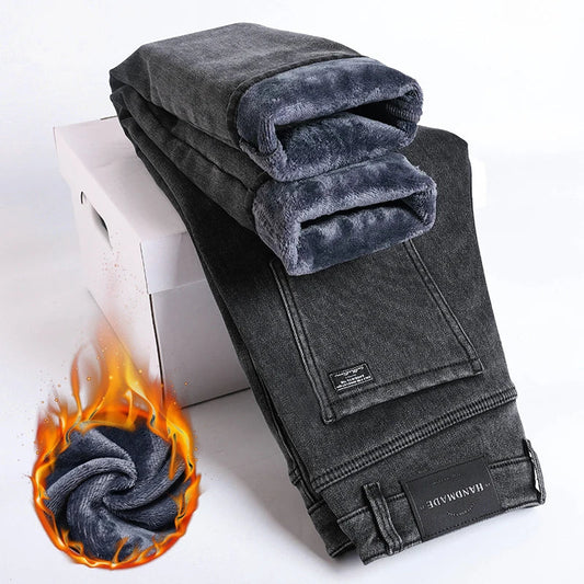 Winter Fleece Thick Warm Jeans Men's Slim Straight Elastic Denim Pants
