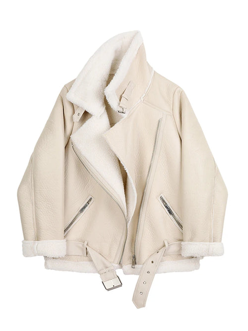Ailegogo Winter Coats Women Thickness Faux Leather Fur Sheepskin