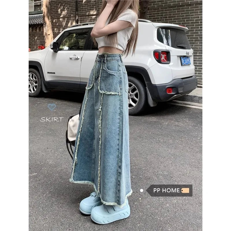 Women's Tassel Denim Long Skirts, Vintage Pocket, A-line Jeans Skirt,