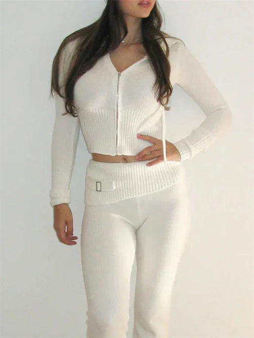 Tossy Knit Fashion 2 Piece-Set Trousers Hoodie Tracksuit Women Crop