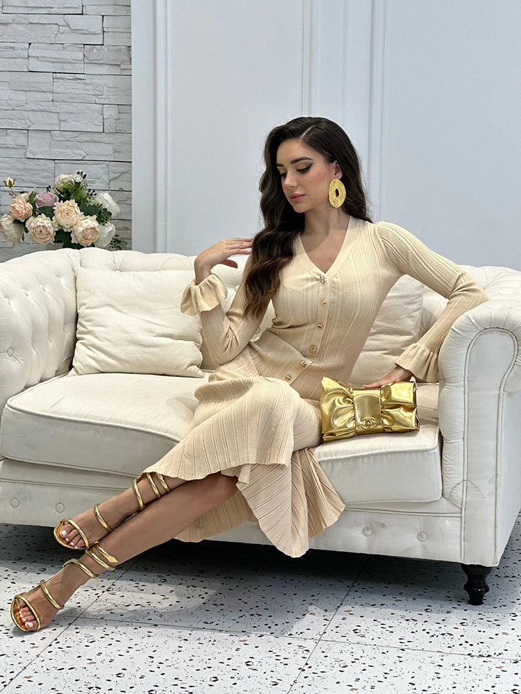 Elegant Single-breasted Knitted Dress Deep V-neckline Women’s Long