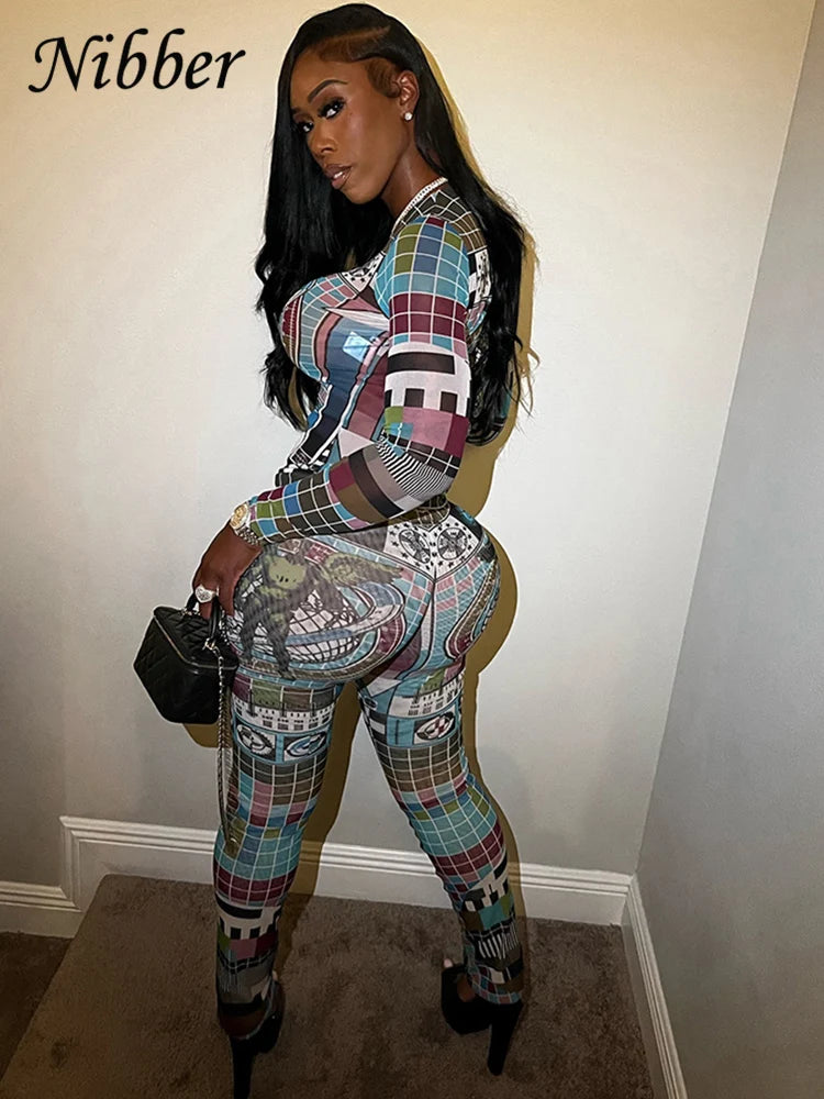 Nibber Pixel Print Mesh Women 2 Piece Set Tracksuit Colorful Full