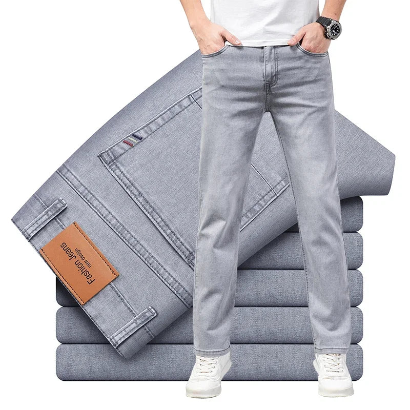 Summer Thin Men's Elastic Cotton Jeans Fashion Gray Comfortable
