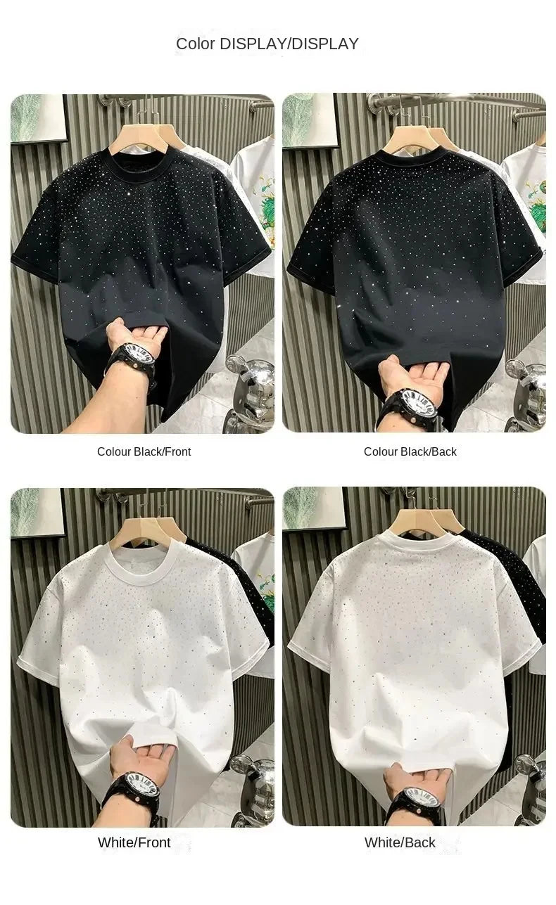 Summer Men Clothing Summer Rhinestone Rivet T-shirt Round Neck Casual