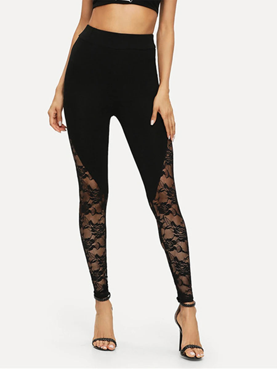 Sexy High-Waist Black Lace Tight Pencil Pants Women Ladies Patchwork