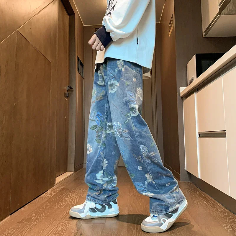 Autumn Floral Printed Jeans For Men 2024 New Y2K Vintage Denim Pants