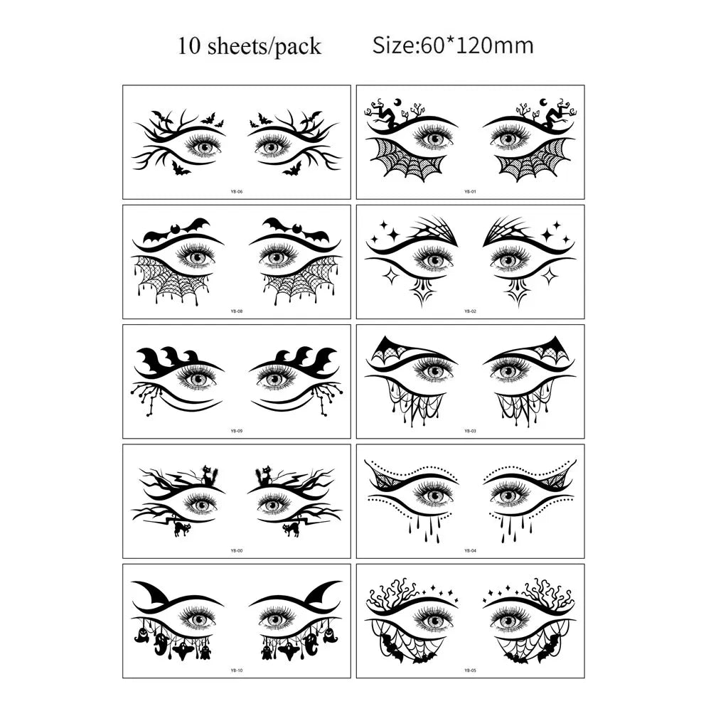 10pcs Halloween Facial Makeup Temporary Tattoo Stickers Waterproof Eye Decoration Tattoo