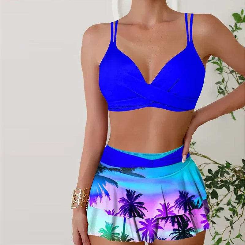 Women's Hanging Neck Straps Sunset Coconut Print Two Piece Swimsuit
