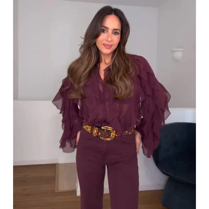 MUJER Ruffle Womens Blouses Semi Sheer Casual Blouses Woman Spring