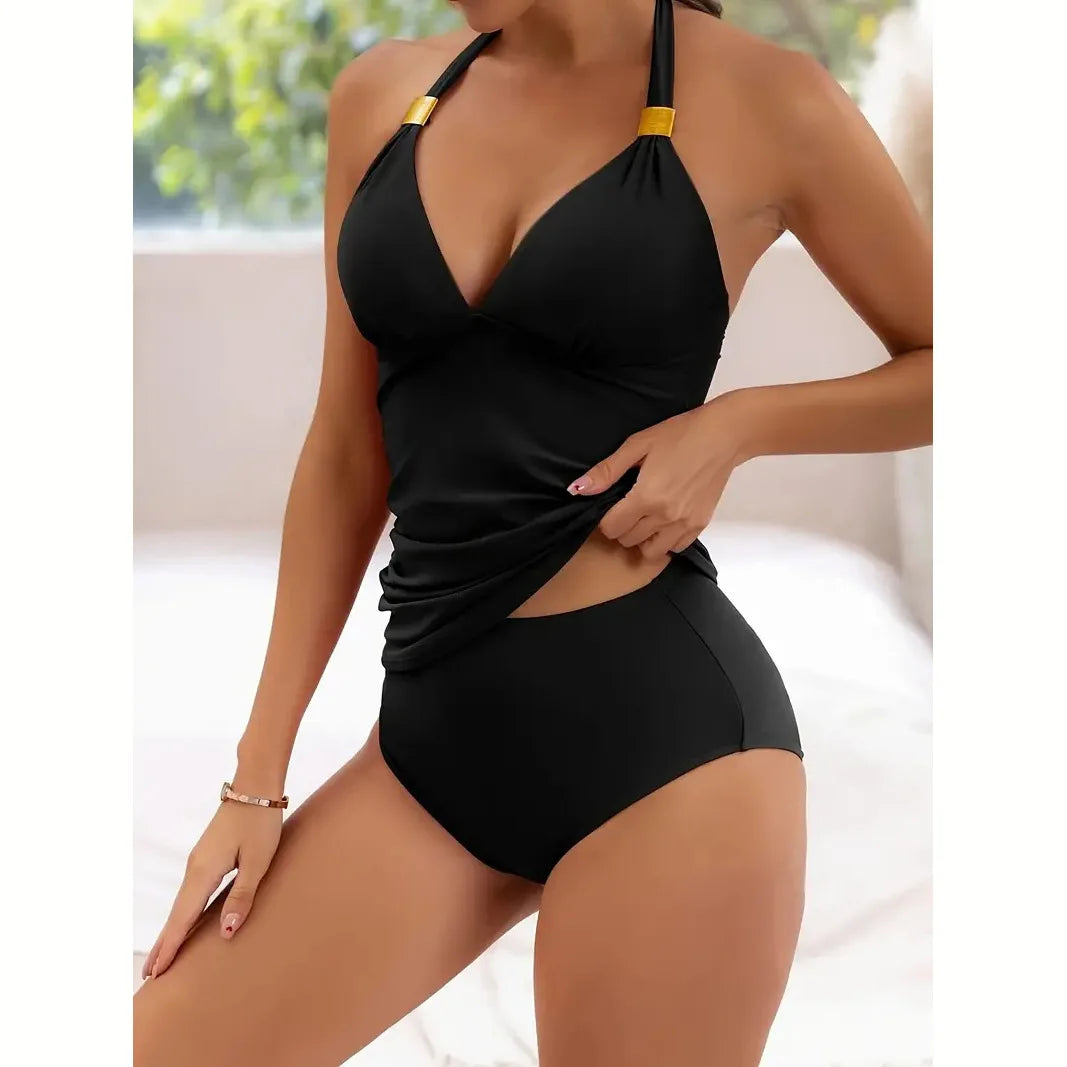 Solid Halter Bikinis Set Tankini Set Women High Waist Swimwear Sexy Push Up Swimsuit Biquini Backless High Waist Bathing Suit