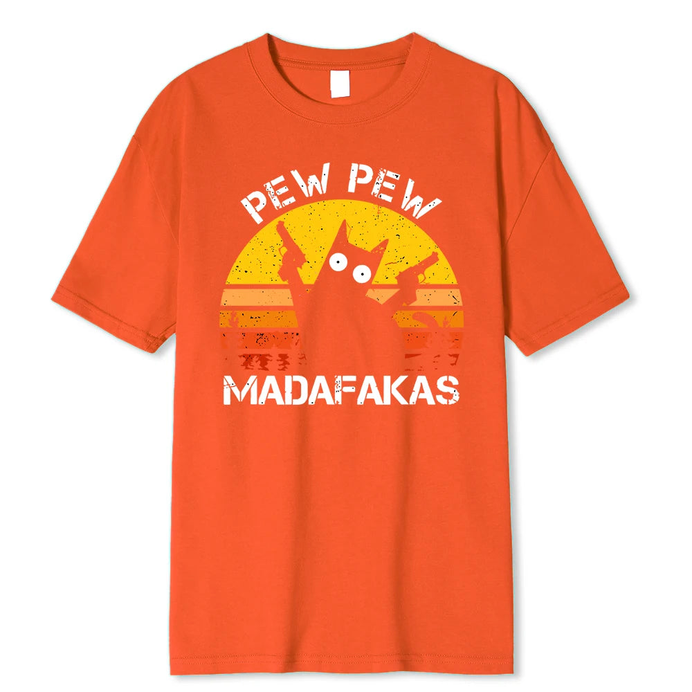 Pew Pew Madafakas Cat With Two Guns Printing Men T Shirts Summer