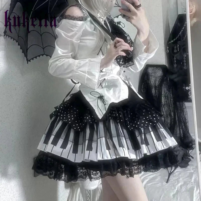 Kukeita Harajuku Y2k Punk Piano Key Wave Dot Lace Skirt Japanese