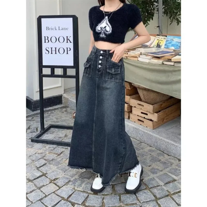 2024 New Streetwear Denim Skirt Spring Summer Fashion Frayed Hem